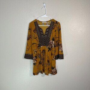 Soft Surroundings Top Womens Small Tunic Yellow Embroidered BOHO Rayon